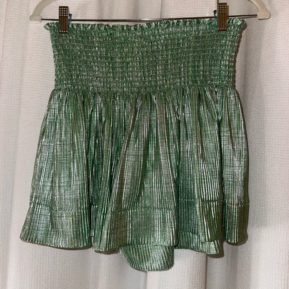 QUEEN OF SPARKLES Lime Green Metallic Swing Shorts